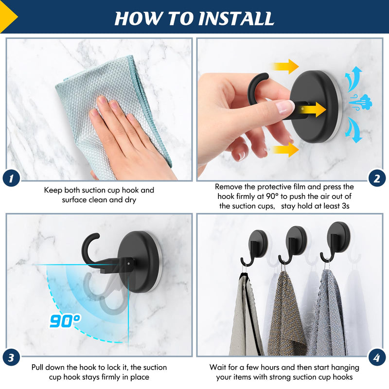 Suction Cup Hooks for Shower, Shower Hooks for Inside Shower,Mounting on Glass Shower Doors, Tile, Mirrors, Metals,Hooks for Hanging Towels, Robe, Loofah, Jackets-Black(2 Pack) 2pcs Black
