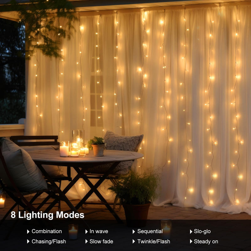 echosari 300 LED Curtain Lights Battery Operated, 9.8ft×9.8ft Hanging Lights with Remote Timer Fairy Curtain Lights for Bedroom Patio Wedding Backdrop Party Decór (Warm White) Warm White