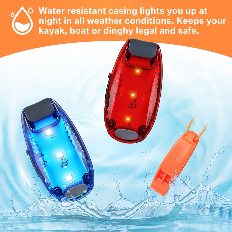 Tellegloww 16 Pcs Kayak Lights for Night Kayaking, 8 Pack USB Rechargeable Waterproof LED Red & Blue Boat Safety Warning Strobe Light with 3 Modes Easy Clip-on & 8 Emergency Whistles for Night Fishing