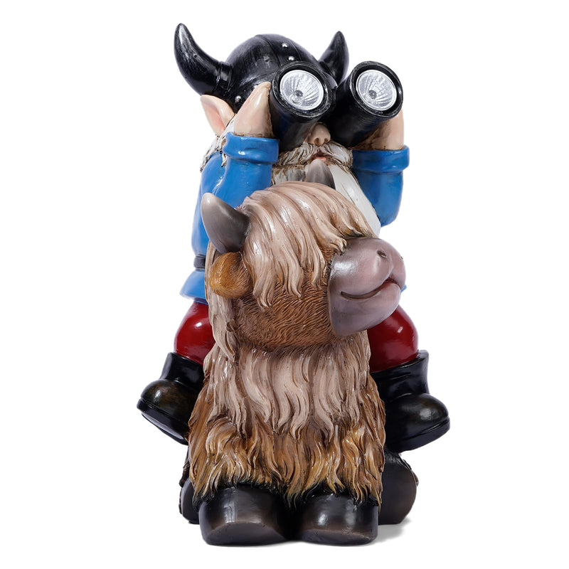 Garden Gnome Statues Resin Gnome Sitting on Highland Cow Solar Lights Outdoor Telescope Gnome Gifts for Yard, Patio Decor Gift(Cow Gnome) Cow Gnome