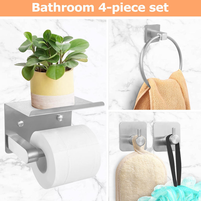 4 Piece Silver Bathroom Hardware Set, Stainless Steel Wall Mounted Towel Hooks, Ring & Oversized Toilet Paper Holder with Shelf, Modern Home Accessories for Bathroom, Washroom, Kitchens and RVs