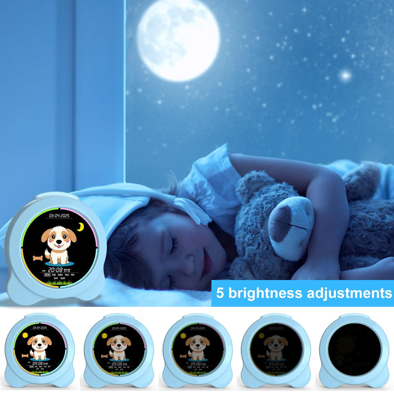 Kids Alarm Clock Sun & Moon& Dog LED Display with Day & Date OK to Wake Clock with Night Light for Kids Children's Sleep Trainer Gift for Boy and Girls Gog Blue