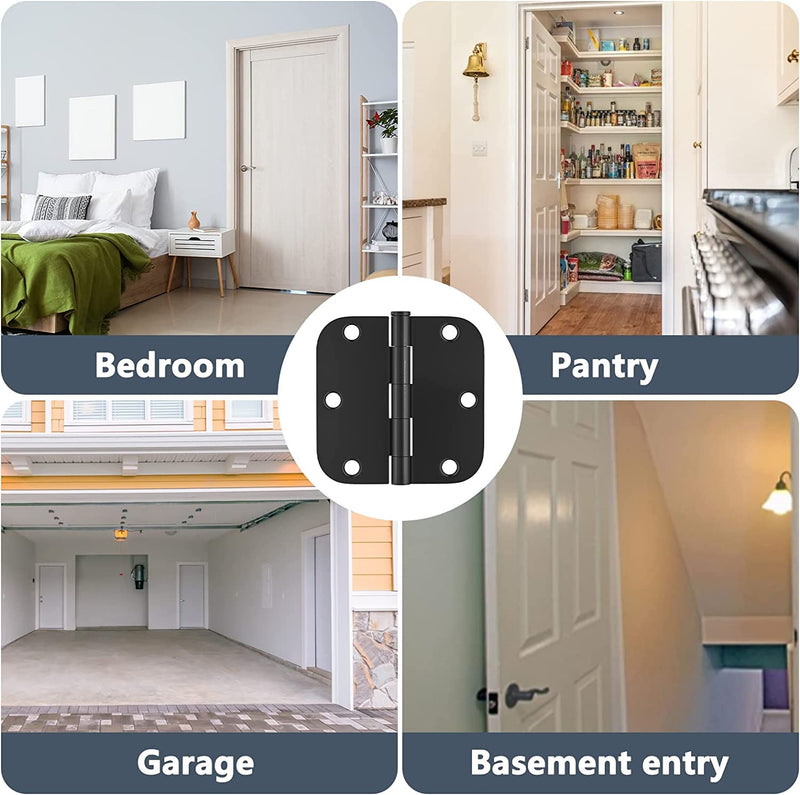3 Pack Rounded Matte Black Door Hinges 3.5 x 3.5 inch with 5/8 Radius, Black 3 1/2 Interior Door Hinges, 3 ½"x 3 ½" Hardware 3 Pack Matte Black-5/8 Radius