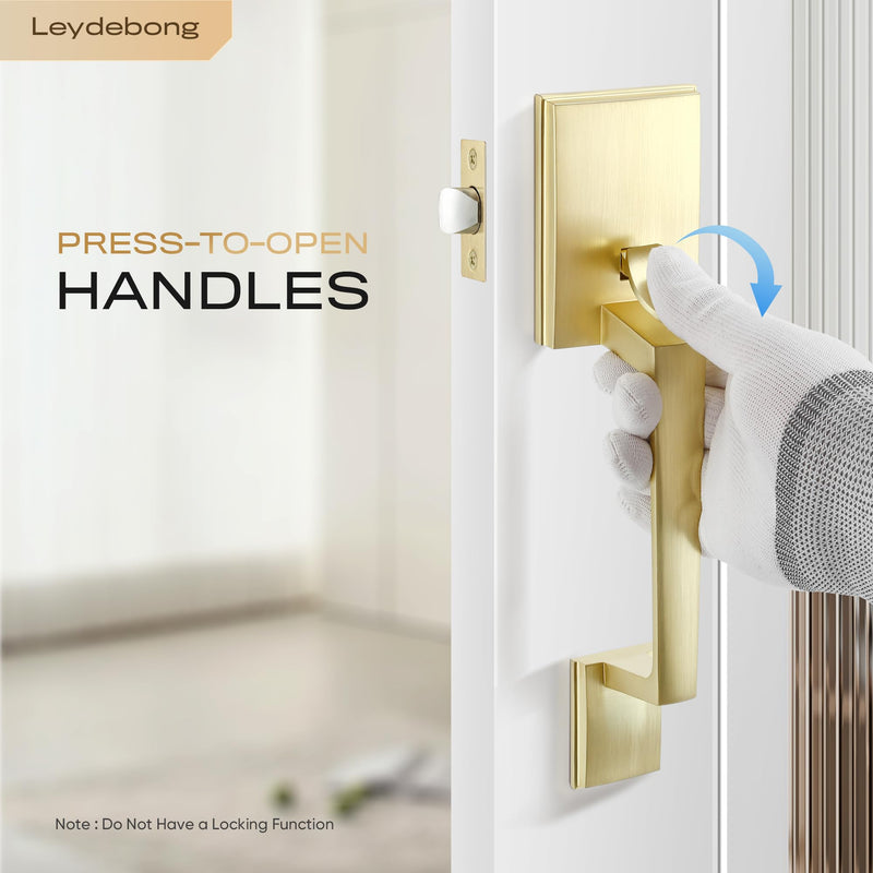 Leydebong Brushed Brass No Lock Front Door Handle Set with Reversible Lever - Exterior Door Handle Set for Right or Left Handed Doors, Front Door Handle Satin Brass