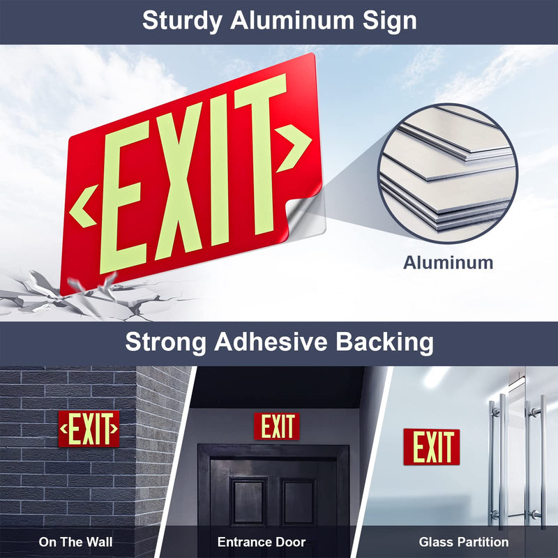 Photoluminescent Exit Sign Aluminum - Adhesive Backing Glow In The Dark - Removable Arrows Included - 12x7 Inches - Non Electrical Red Exit Light For 50 Feet Visibility (1 Pack) 1 Pack