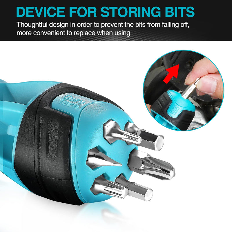 DURATECH Stubby Ratcheting Screwdriver, 12-in-1 Multi-bit Short Screw Drivers, Premium S2 Steel, Innovated Bits Quick-Load Mechanism, with Phillips, Slotted, Torx, Square Bits Stored in Handle