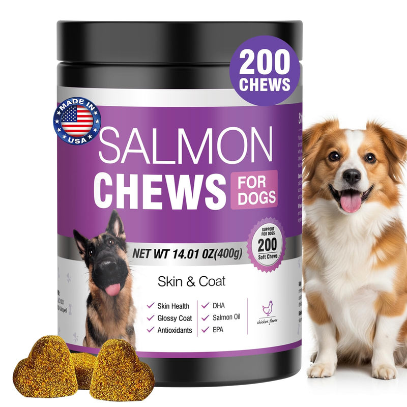 Omega Skin and Coat Chews for Dogs - Skin and Coat Supplement for Dogs Omega 3 & Biotin Chews - 200 Fish Oil Soft Chews - Reduces Shedding - EPA DHA Formula