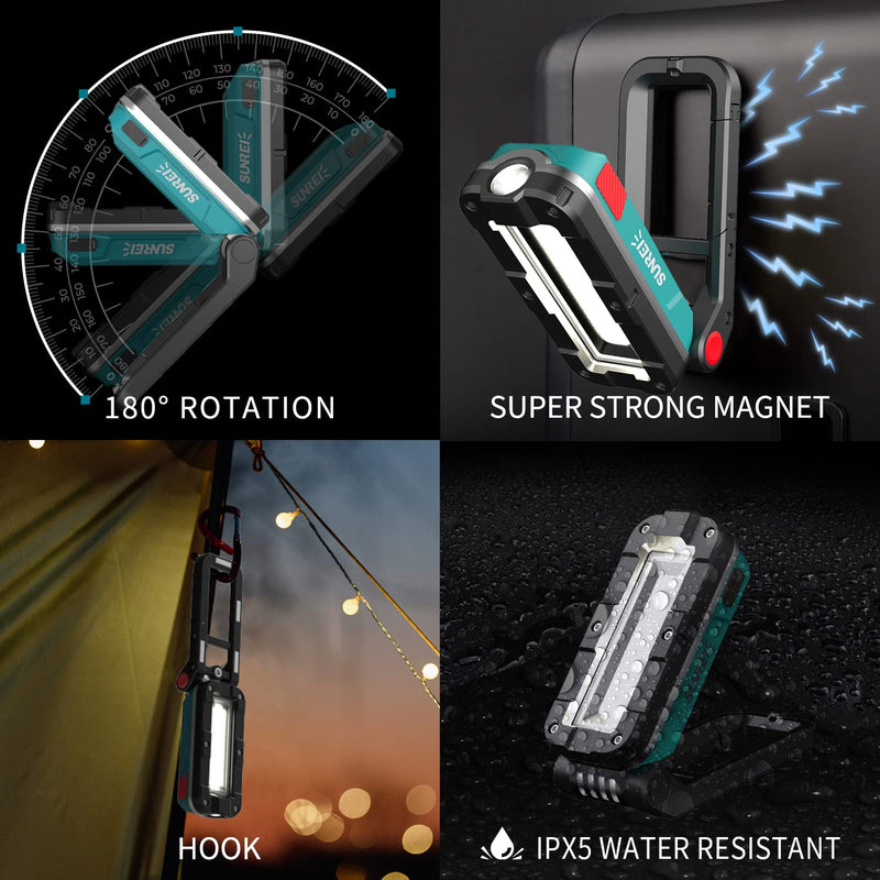 SUNREI LED Rechargeable Magnetic Work Lights COB Mechanic Lights,1000 Lumens, Magnetic Base & Hanging, 7Mode, Magnetic Flashlight Job Site & Security for Car Repair, Emergency, Gift for Men V1000 blue-2
