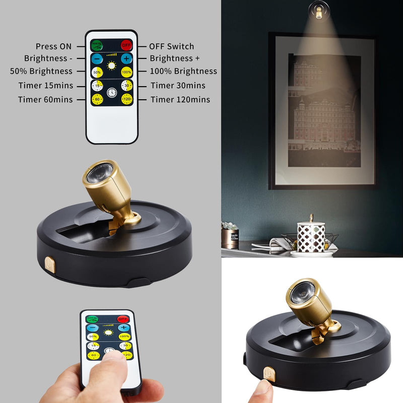 2-Pack Wireless LED Spotlight Battery Operated Picture Lights, Puck Lights with 2 Remote, Dimmable Stick Spot Lights with Timmer for Wall Display Painting Dartboard Artwork Accent Closet Black-G