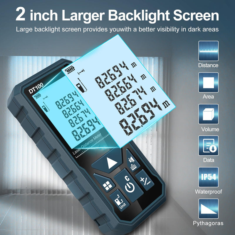 HANMATEK Laser Measure 328 Feet Digital Laser Tape Measure M/in/Ft Unit Switching Backlit LCD and Pythagorean Mode, Measure Distance, Area and Volume - Hand Strap and Battery Included DT100 328ft