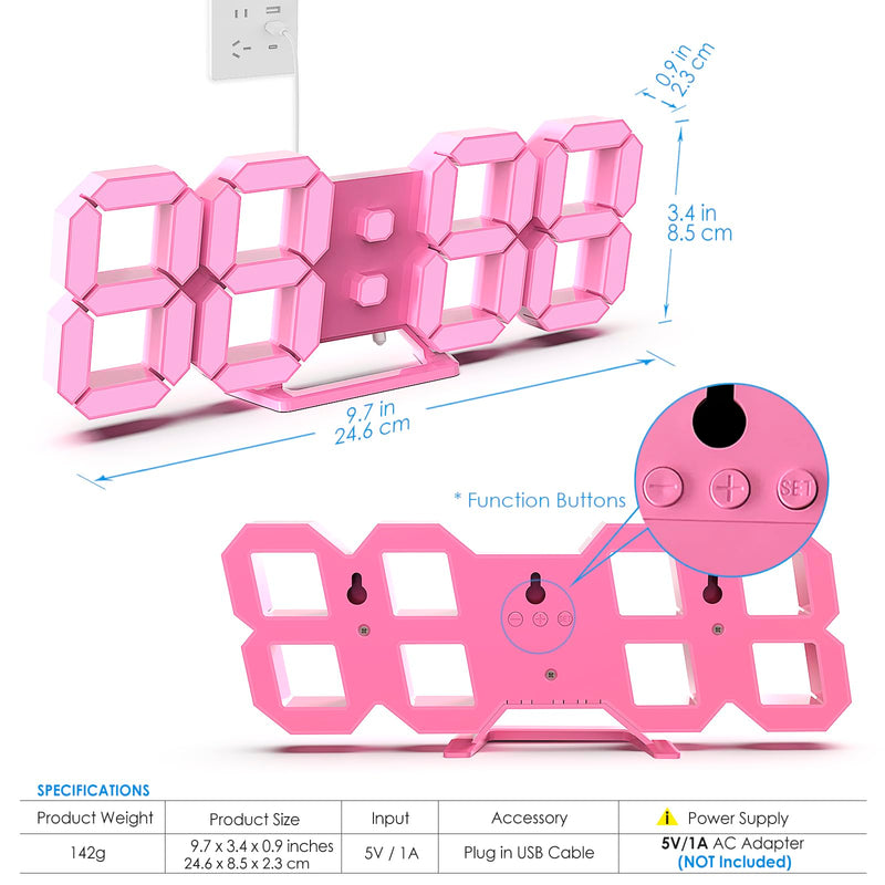 KOSUMOSU Pink LED Clock 3D Wall Clock 9.7" Table Clock for Living Room Modern Digital Clock for Bedroom Aesthetic Bedside Desk Clock with Remote/Dimming/12/24H/Temp/Alarm Clock/Date 9.7in Pink Clock-pink Light