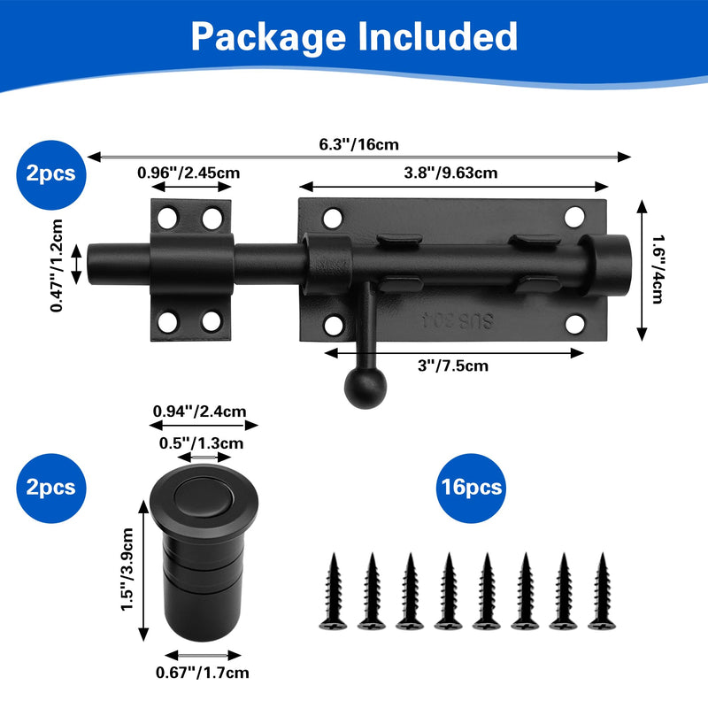2 Pack 6.3" Slide Bolt Gate Latches | 304 Stainless Steel Sliding Gate Lock with Padlock Hole Heavy Duty Shed Door Latch Security Lock for Barn, Wooden Fence