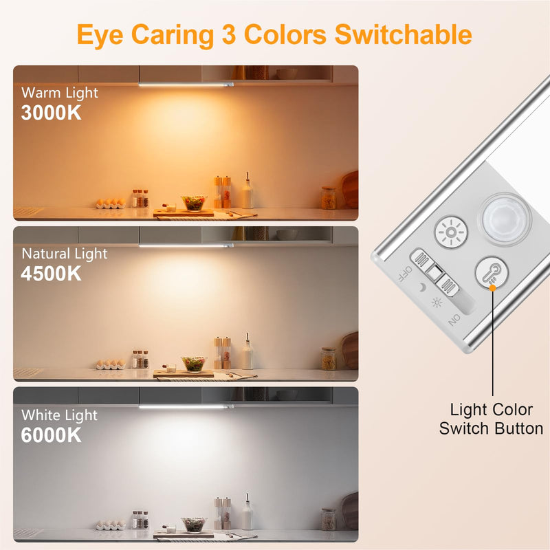 Gritin 14.7inch Under Cabinet Lighting Rechargeable 2 Pack- 3 Color Temps&5 Level Brightness, Super Bright, 4 Modes, Motion Sensor, Long Lasting - Easy Installation Magnetic Under Closet Lights-Silver Silver 14.7 inch
