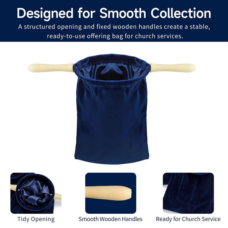 2 Pack Royal Blue Church Offering Bags with Wooden Handles, Velvet Tithe Collection Bags with Neat Open Shape and Lined Interior for Worship Service and Church Giving