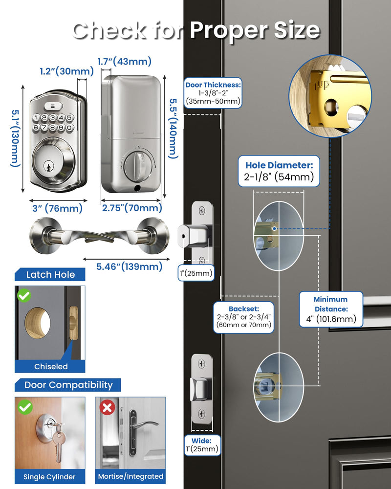 Veise Keyless Entry Door Lock with 2 Lever Handles - Electronic Keypad Deadbolt, Easy Installation Digital Smart Front Door Lock Set, Satin Nickel Door Lever