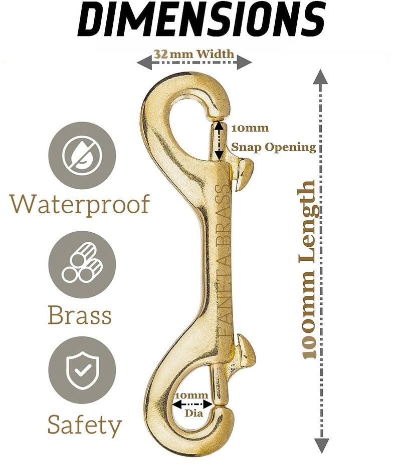 Solid Brass Double Ended Bolt Snap Hook, Marine Grade Double End Scuba Diving Clips, Heavy Duty Trigger Chain Clip Key Holder for Pet Feed Bucket Hammock Horse Tack (2-Pack) (100mm) 100mm