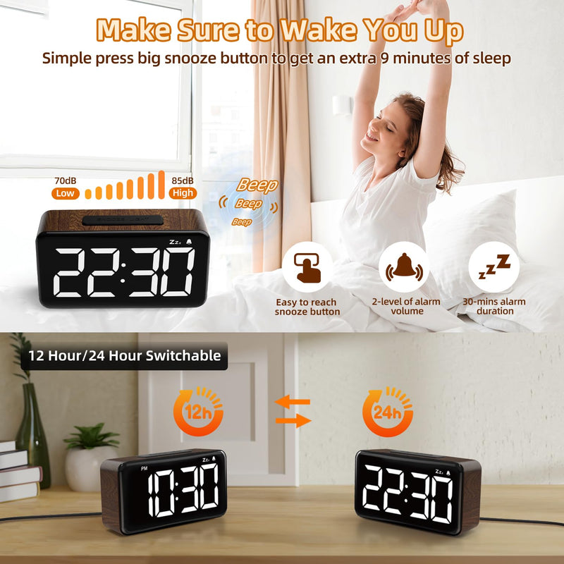 NOKLEAD Digital Alarm Clock: Wood Grain, 5.9-inch Large LED Display, Easy to Use for Seniors and Men, Adjustable Brightness, Aesthetic Room Decor Desk Clocks for Bedroom | Dorm | Living Room | Office Brown Wood Grain