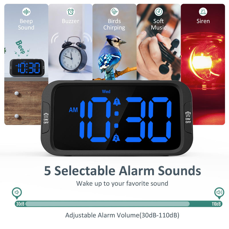 Digital Dual Alarm Clock for Bedroom, Easy to Set, 0-100% Dimmer, USB Charger, 5 Sounds Adjustable Volume, Weekday/Weekend Mode, Snooze, 12/24Hr, Battery Backup, Compact for Bedside(Blue) Black - Blue Led