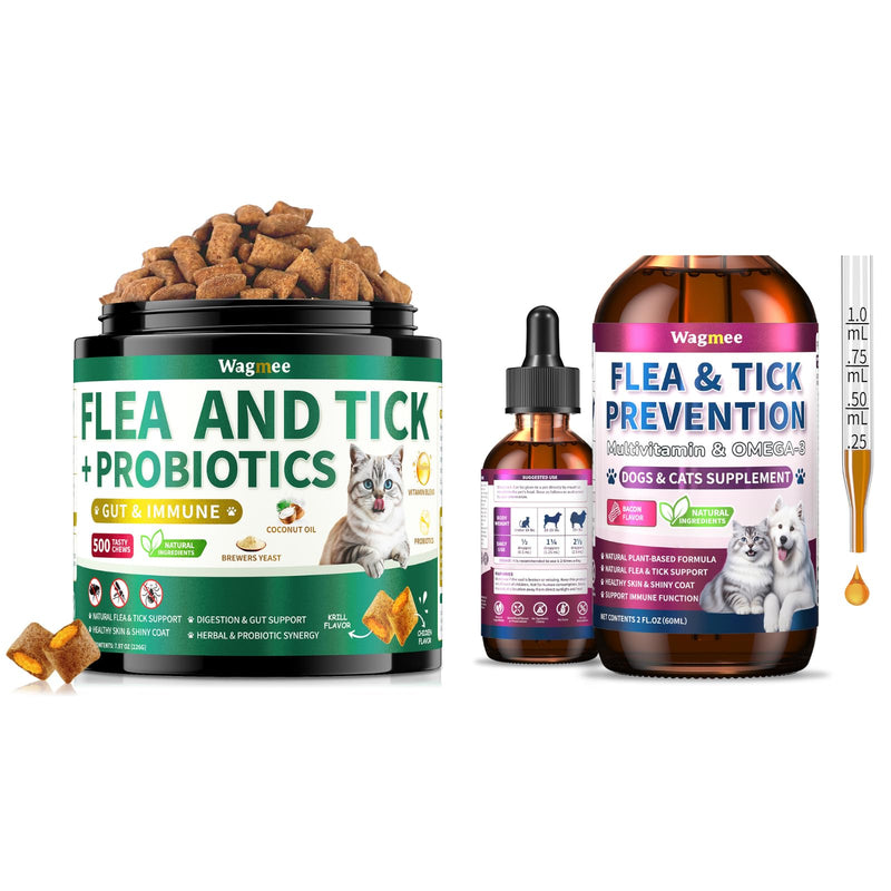 Flea & Tick Prevention for Dog and Cat, 500 Crunchy & Creamy Flea Chews+ Flea & Tick Support Drops - Skin & Coat Support - Fleas & Tick Supplement for Dogs Cats Kittens