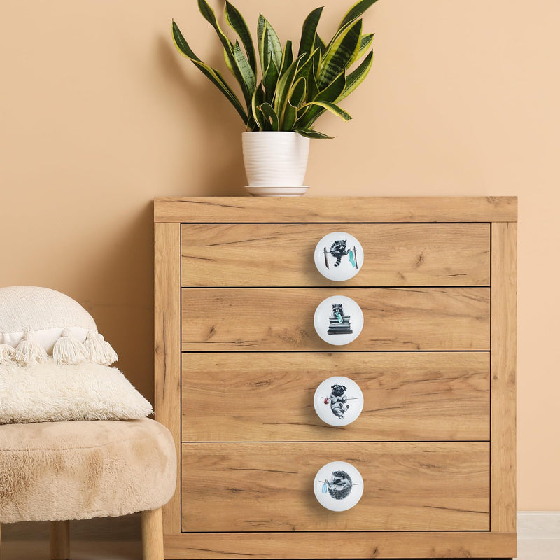 1.5" 8 PCS Ceramic Laundry Room Animal Knobs Cute Fun Rabbit Laundry Basket Raccoon Hedgehog Decor Cabinet Dresser Drawer Knobs and Pulls