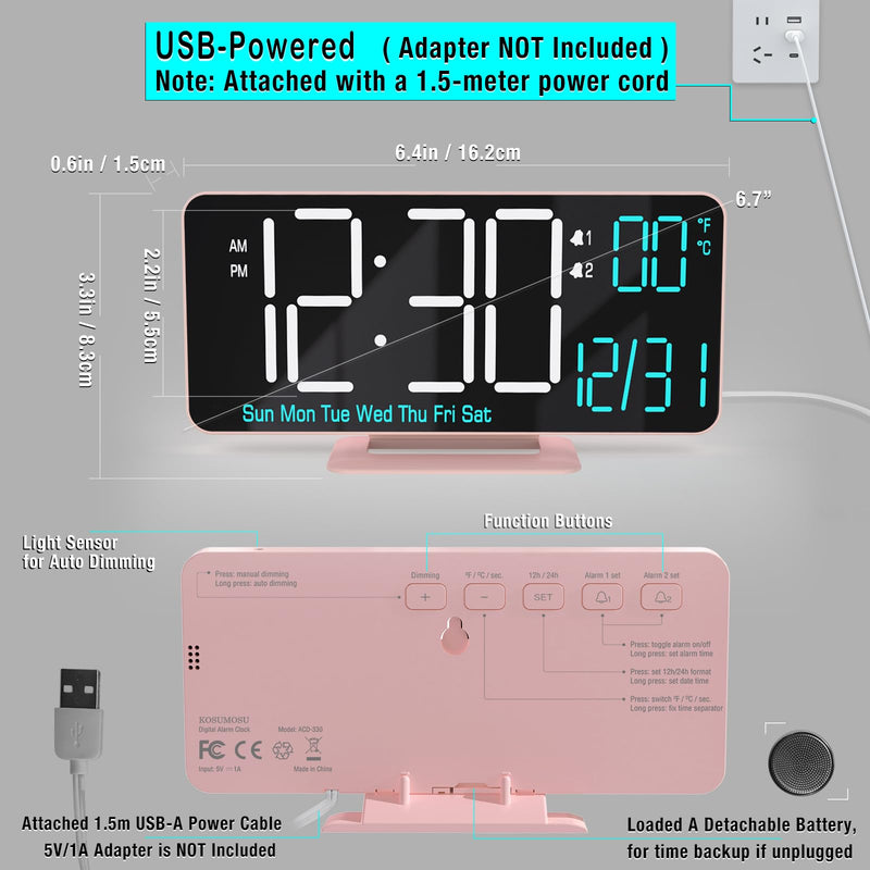KOSUMOSU Clock for Bedroom, 6.7in Digital Alarm Clock, Auto Dimming, Room Temperature, Day of The Week, Seconds, Date, Alarm Clocks for Bedrooms, Digital Clocks for Living Room Pink (White + Blue Digits)