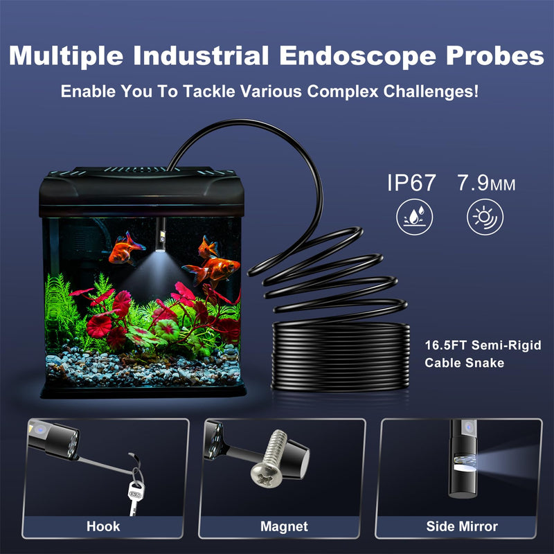 Dual Lens Industrial Endoscope, 1920p Borescope Camera with 8+1 Adjustable Led Light, Endoscope with 16.5ft Semi-Rigid Cable Snake Camera/ 7.9mm Ip67 Waterproof Camera for iPhone, Ipad, Samsung Black
