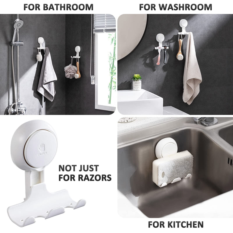 LEVERLOC Razor Holder for Shower 2 Pack, Powerful Suction Cup Shower Hooks for Towel, Loofah, Razor, Squeegee, Damage-Free Wall Hooks, Shaver Holder for Bathroom, Easy to Install and Reuse, White White, Round