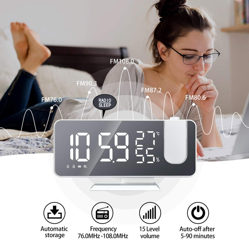Projection Alarm Clock for Bedroom Ceiling Digital Clock Radio with USB Charger Ports, 7.3" Large LED Screen, 4 Dimmer, Dual Alarm Clock with 2 Sounds, Snooze, White