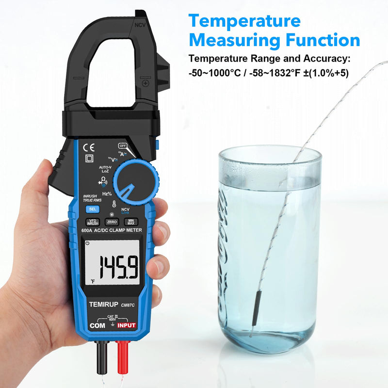 Digital Inrush Clamp Meter Multimeter, TEMIRUP T-RMS 6000 Counts 600A Current Amp Volt Meter with VFD,LOZ Mode; Measures NCV AC/DC Current Voltage Temperature Resistance Capacitance Continuity CM87C 600A AC/DC Clamp Meter