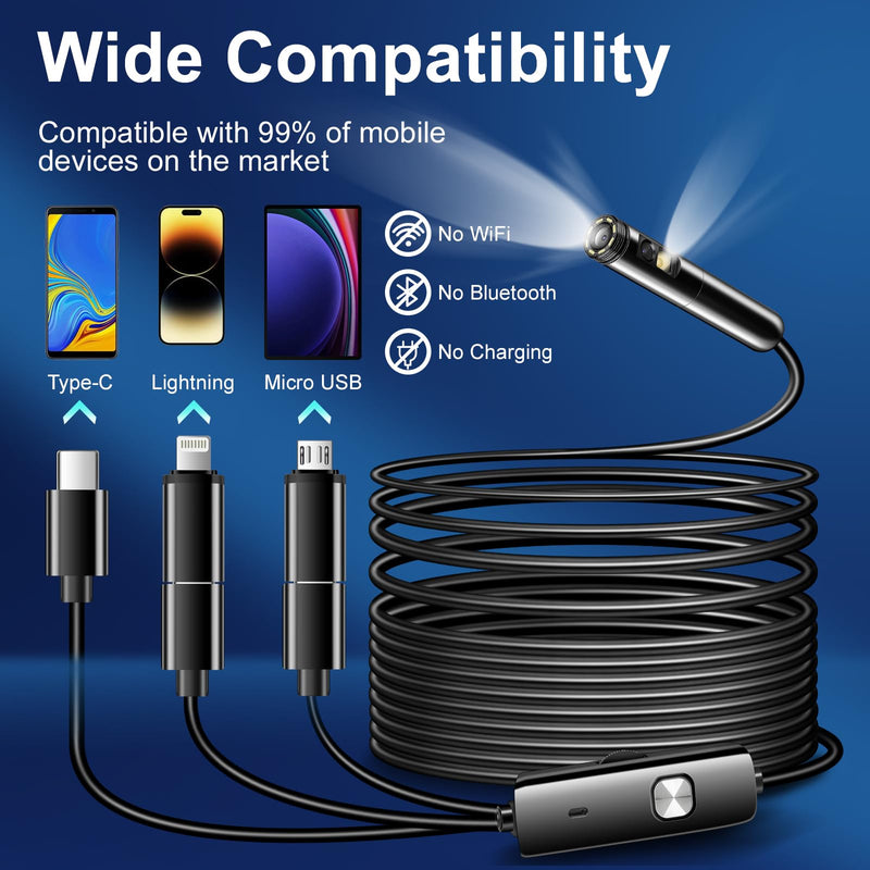 Dual Lens Endoscope Inspection Camera by AURTEC, Dual HD Lens, IP68 Waterproof, 16.5FT/5M Semi-Rigid Cable, Borescope Camera with LED Lights, Compatible with Android and iOS Devices