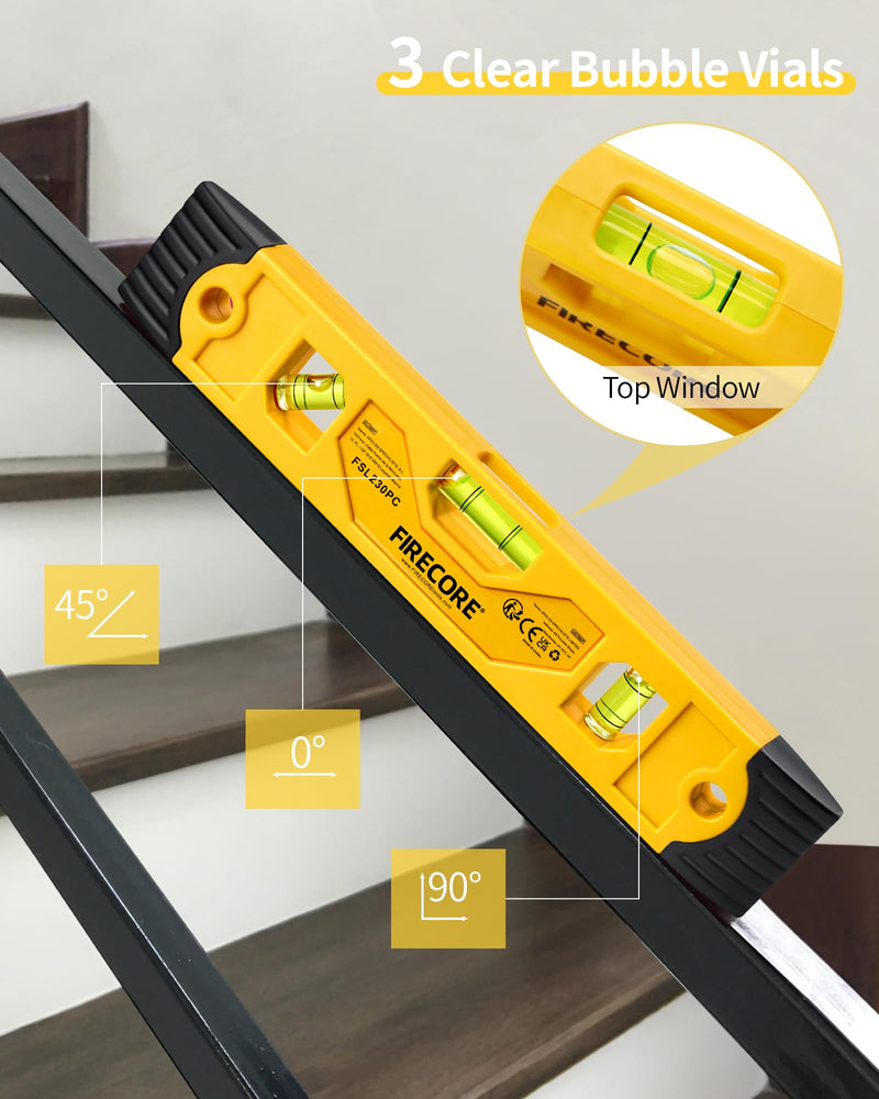 Torpedo Level Magnetic, Firecore 9 Inch Shockproof Small Leveler Tool with 3 Bubble Spirit Level 45 90 180 Degree, Construction Levelers for Hanging Pictures Install Shelf Home Renovation 1pcs 9“ level