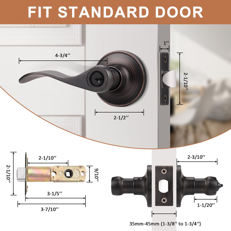 Probrico 2 Pack Entry Door Lever [Lock with 3 Keys],Locking Door Handle Set for Office or Front Door,Oil Rubbed Bronze Wave Entrance Door Lock with Key, Reversible Right & Left Side Handed Keyed Entrance-not keyed alike