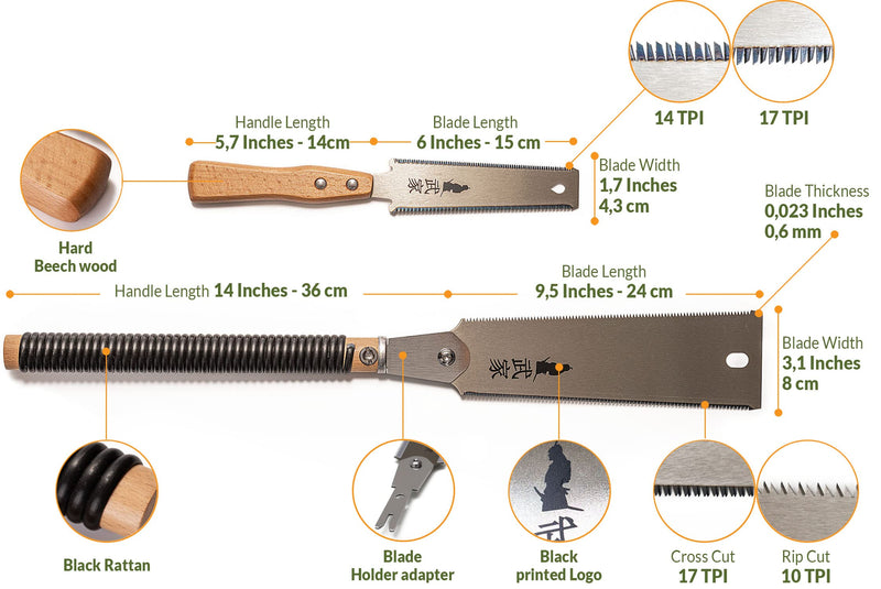 Set of 2 - Ryoba Japanese Pull Saw 9.5 Inch and Flush Cut Saw 6 Inch – Woodworking Tools Ryoba Table Saw – Steel Blades and Wood Handles, Handsaw 2 Cutting Edges– Japanese Hand Saw for Carpentry, DIY