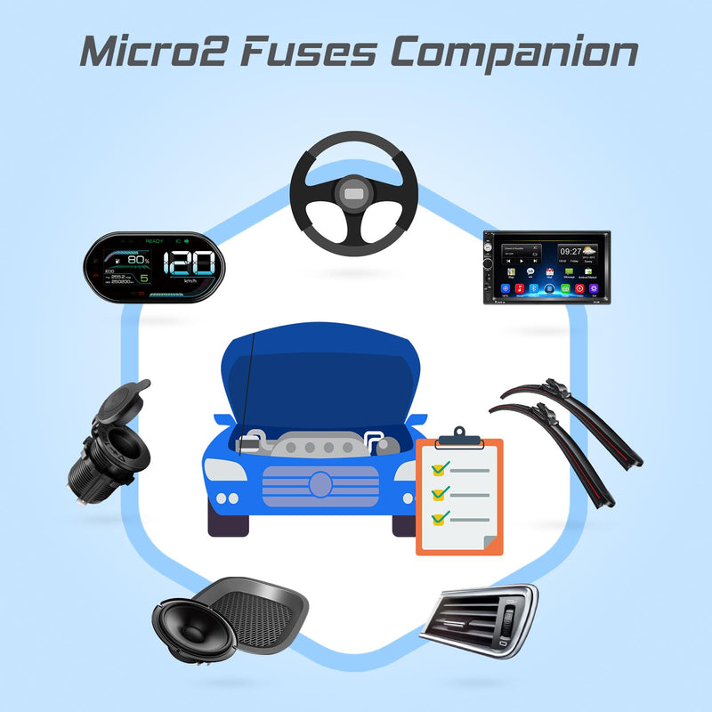 JOREST 60Pcs Micro Assorement Fuses Kit -Micro2 Fuse kit, Micro 2 Automotive Replacement Fuses for Car RV Truck Motorcycle(2Amp 3A 5A 7.5A 10A 15A 20A 25A 30A 35A 40A) 60 Micro2