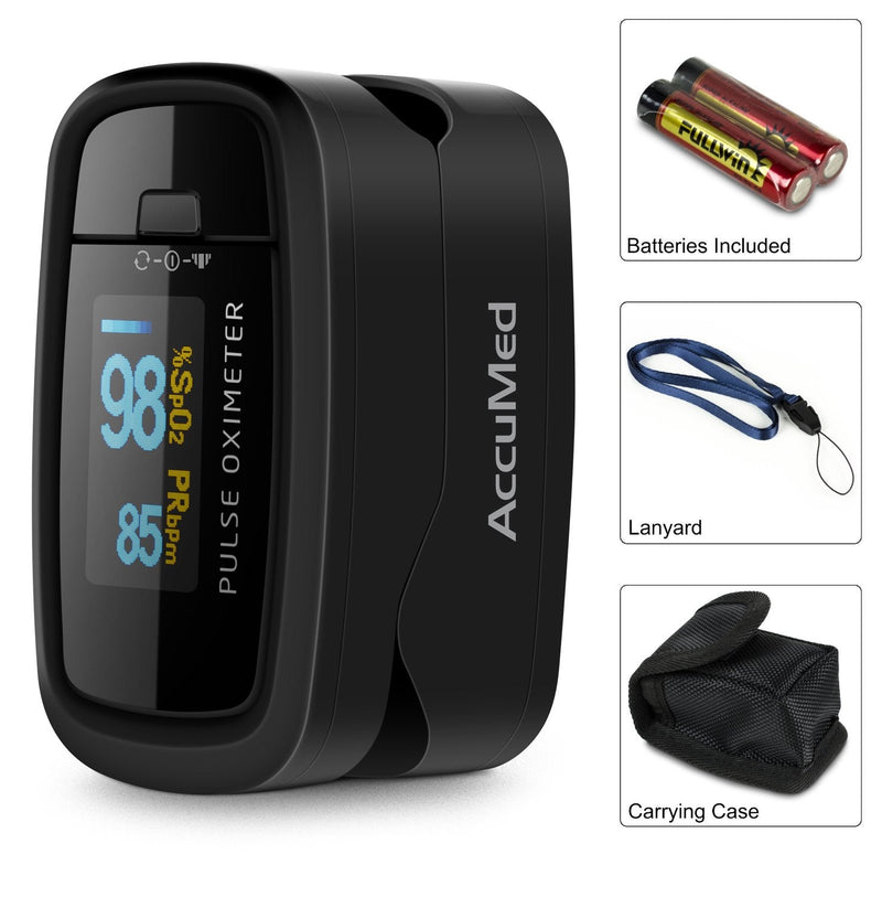 AccuMed CMS-50D1 Fingertip Pulse Oximeter Blood Oxygen Sensor SpO2 for Sports and Aviation. Portable and Lightweight with LED Display, 2 AAA Batteries, Lanyard and Travel Case (Black)