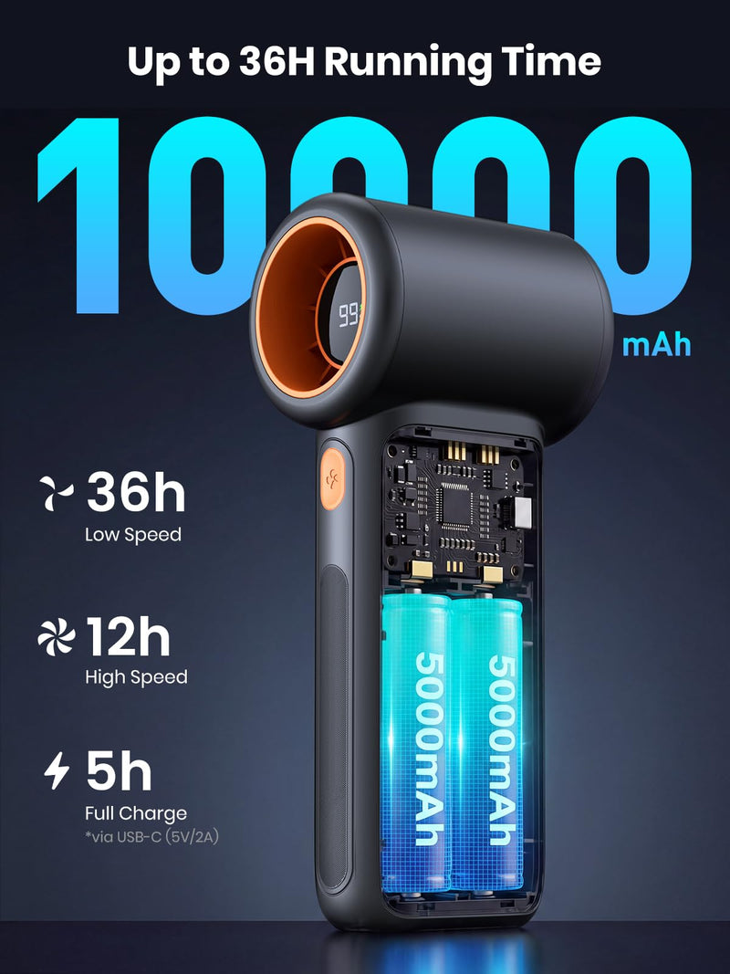 Warmco 10000mAh Turbo Portable Handheld Fan, [36H Long Runtime] USB Rechargeable Personal Mini Fan With 5 Speeds & LED Display for Travel Outdoor, Gift for Men and Women Black