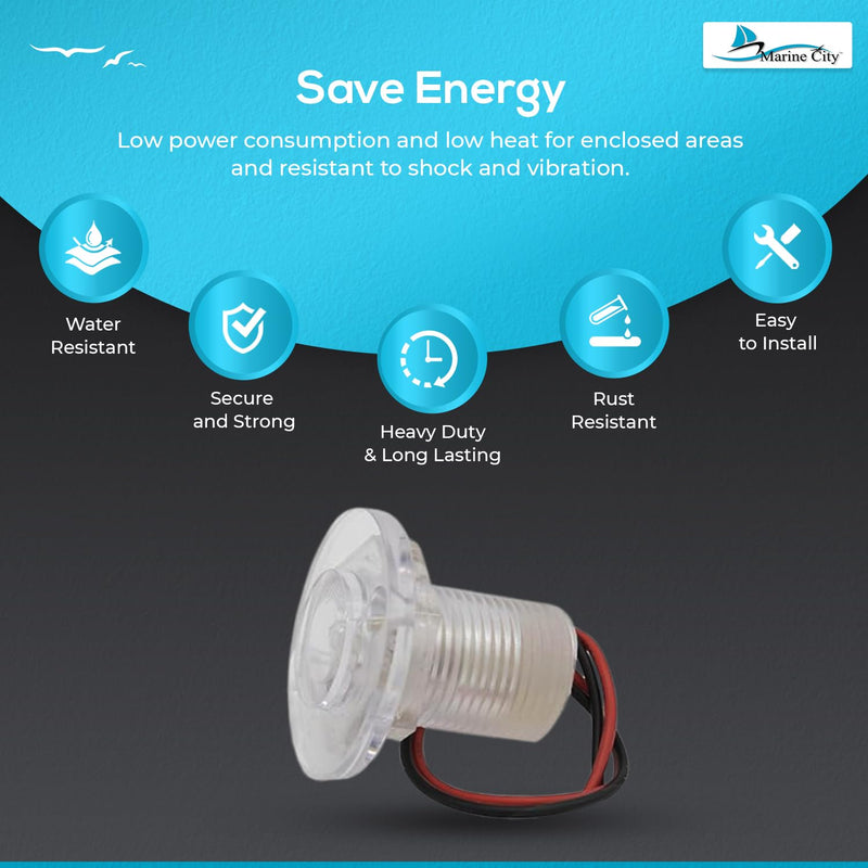 MARINE CITY Round Snap-in Flush Courtesy LED Light White, Waterproof, 1-1/2”, 304 Stainless Steel Ring, Corrosion-Resistant, 12V, IP68, for Boats, Yachts, Marine Accessories 4 Pcs