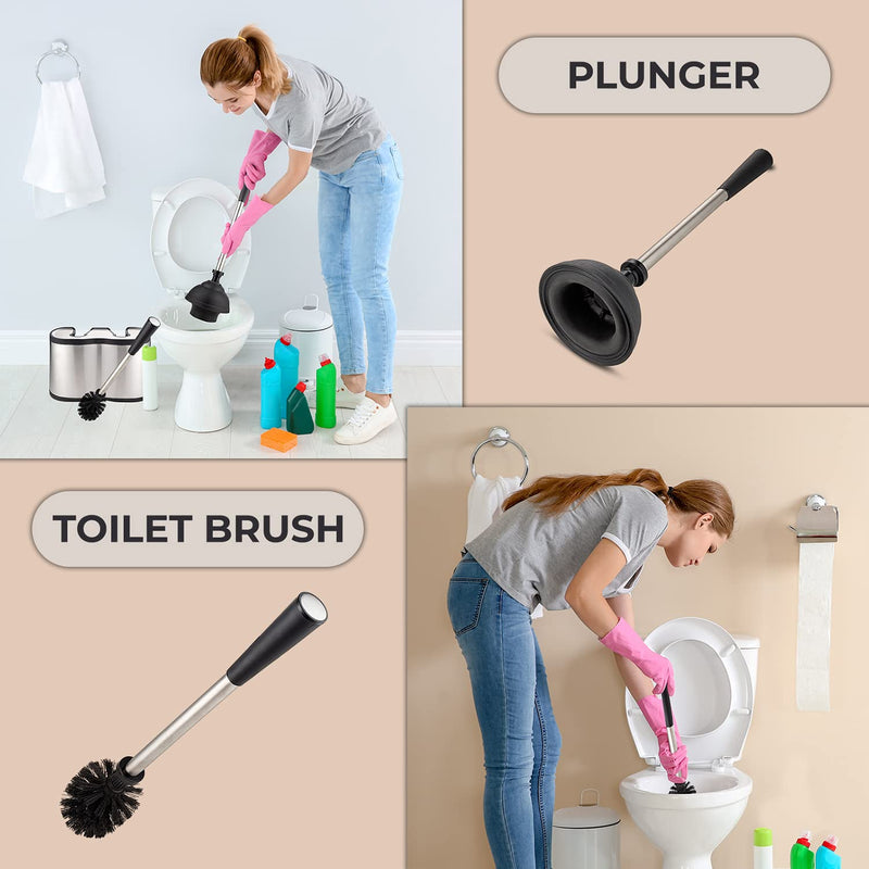 UMIEN Toilet Brush and Plunger Set 18-in - Updated 2025 No-Rust - Stainless Steel Design - Long Handles - with Freestanding Canister Satin Nickel 1 pack