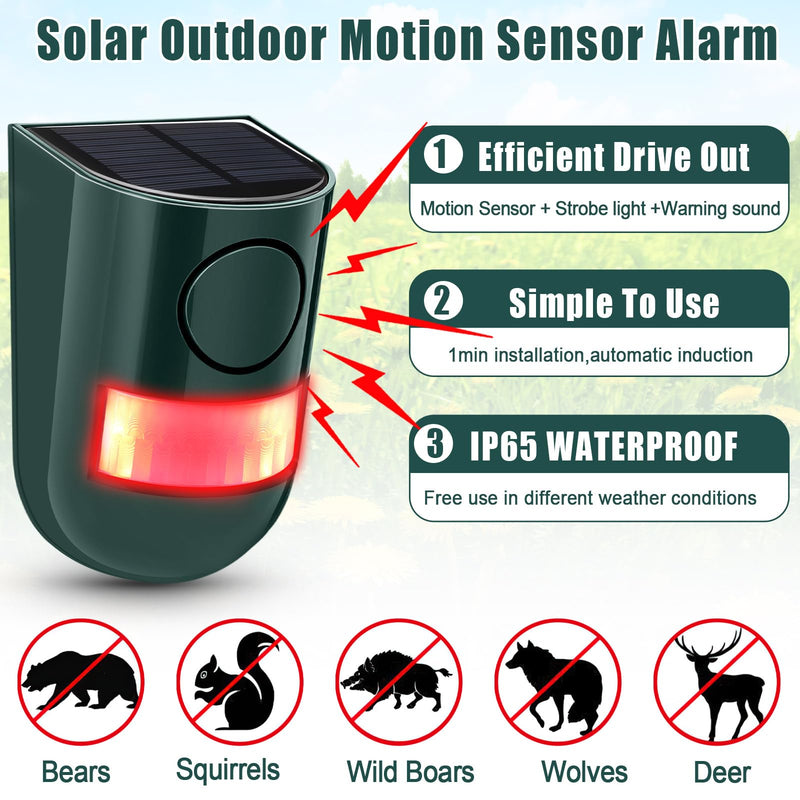 Qualirey 4 Pack Solar Sound and Light Alarm Motion Sensor 129db Outdoor Security Siren Waterproof Motion Activated Detector Alarm 6 LEDs Flash Warning Strobe System for Home, Farm (Green) Green