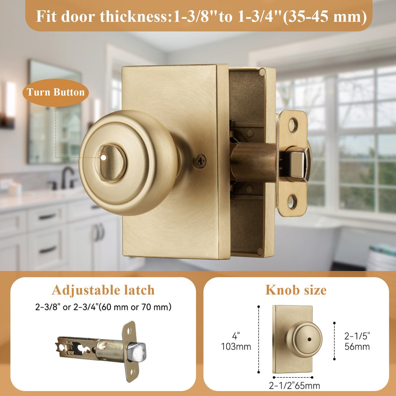 Brushed Gold Door Knob with Turn Lock for Bath & Bedroom, Coastal Interior Door Knobs with Heavy Duty Rectangle Plate Brushed Gold Privacy