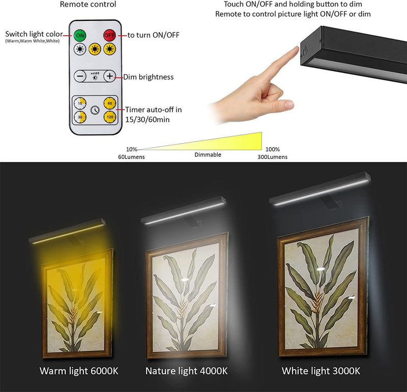 MIOBLUE Wireless Picture Lights,Rechargeable Battery Art Display Light with Remote Control, Dimmable/Timer Off Dartboard Light, 16 Inch Full Metal Accent Light with 40LEDs for Paintings,Picture,Frame 16inch -Black