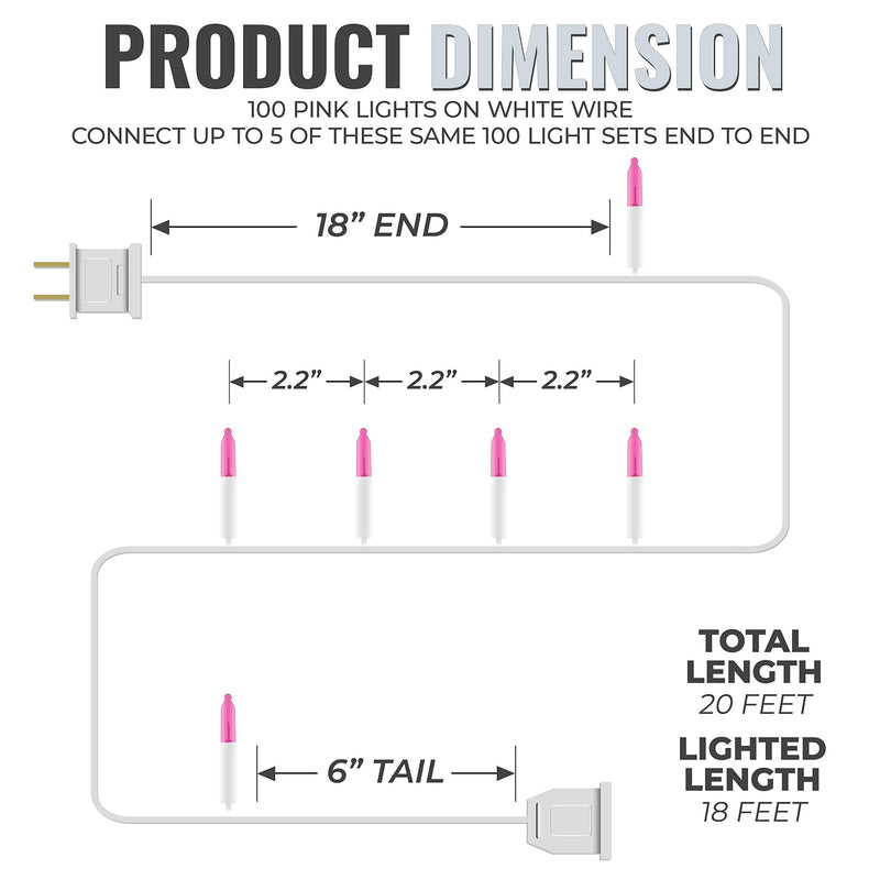 612 Vermont 100 Pink Christmas Lights on a White Wire String, UL Approved, Indoor/Outdoor Use, 18’ of Lighted Length, 20’ of Total Length