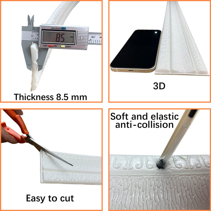 Crown Molding Peel and Stick 3D Wall Edging Foam Baseboard Self Adhesive Wallpaper Border Flexible Base Moulding Trim Mirror Border Wall Lines (White 1PCS-89) 3.1" x 89" White