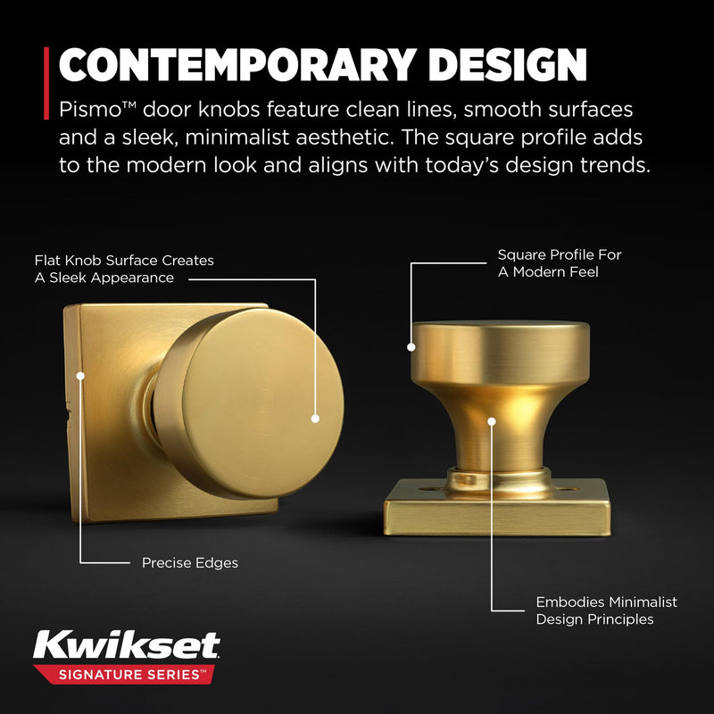 Kwikset Pismo Interior Passage Door Knob, Handle for Closet and Hallway Doors, Non-Locking Doorknob, Satin Brass, Square, Microban Protection Square Rose
