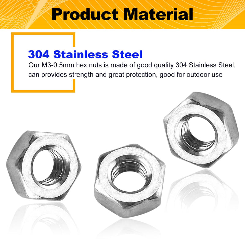 200pcs M3-0.5 Hex Nut, 304 Stainless Steel, M3 x 0.5mm Tiny Nuts Fasteners, Hex Drive, Metric, Right Hand, Small Replacement Nut with Plastic Case
