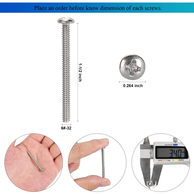50Pcs Extra Long Outlet Screws,Electrical Switch and Receptacles Device Mounting Screws,Wall Plate Screws,6-32 x 1-1/2 Inches Phillips Pan Head Machine Screws,18-8 (304) Stainless Steel