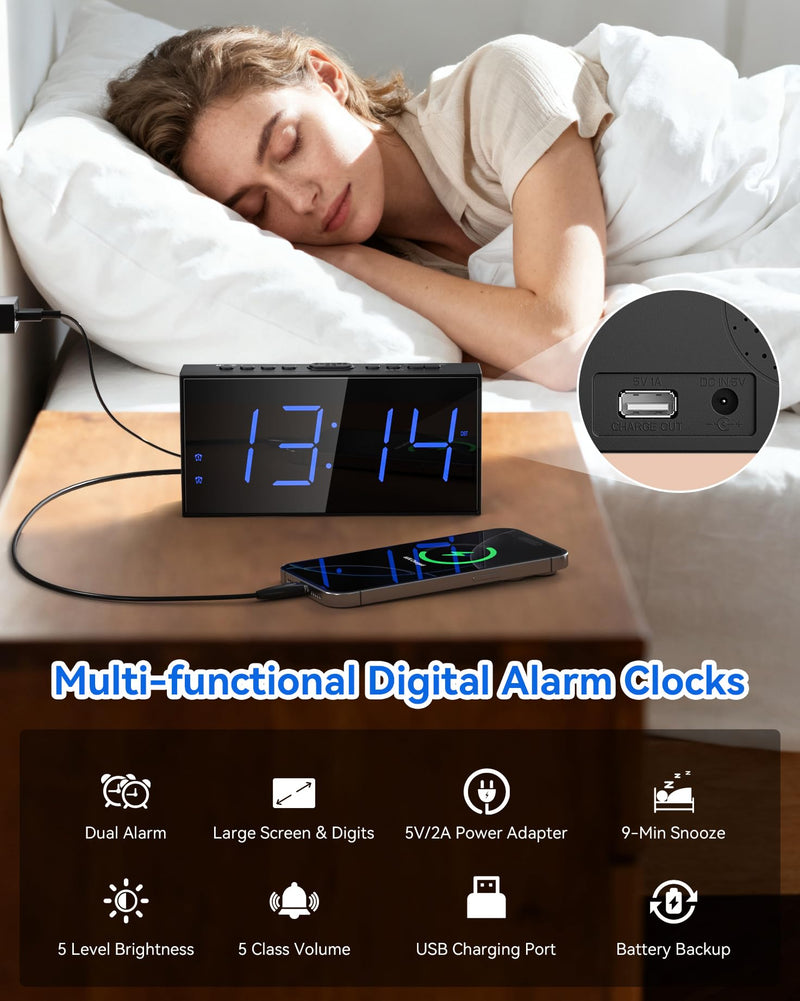 Simple Digital Alarm Clock for Bedroom - Easy to Use with Large 7.5" Display, Dual Alarms, Dimmable, USB Charger & Battery Backup, 12/24H & DST - Plug-in Electric Clock for Heavy Sleepers, Kid, Senior Blue Digits