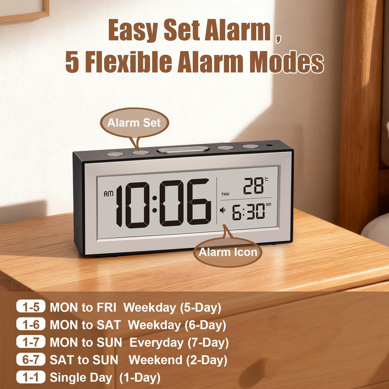 ALANAS Battery Operated Alarm Clock, Portable Digital Clock with Large Display, Snooze, Temperature & Date, Auto-Dim Night Light for Easy Reading, Ideal for Seniors, Kids, Bedroom, Travel, Nightstand Black