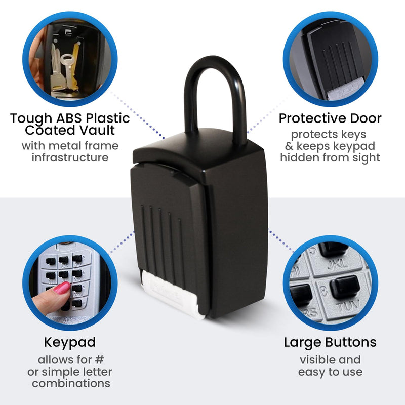 SL-501 Punch Button Lock Box | Portable Shackle LockBox For Outside - Fits House Keys, Car Keys, Fobs, & More | Keypad Safe Box, Digital Push Button Combination Lock | Black Finish 1