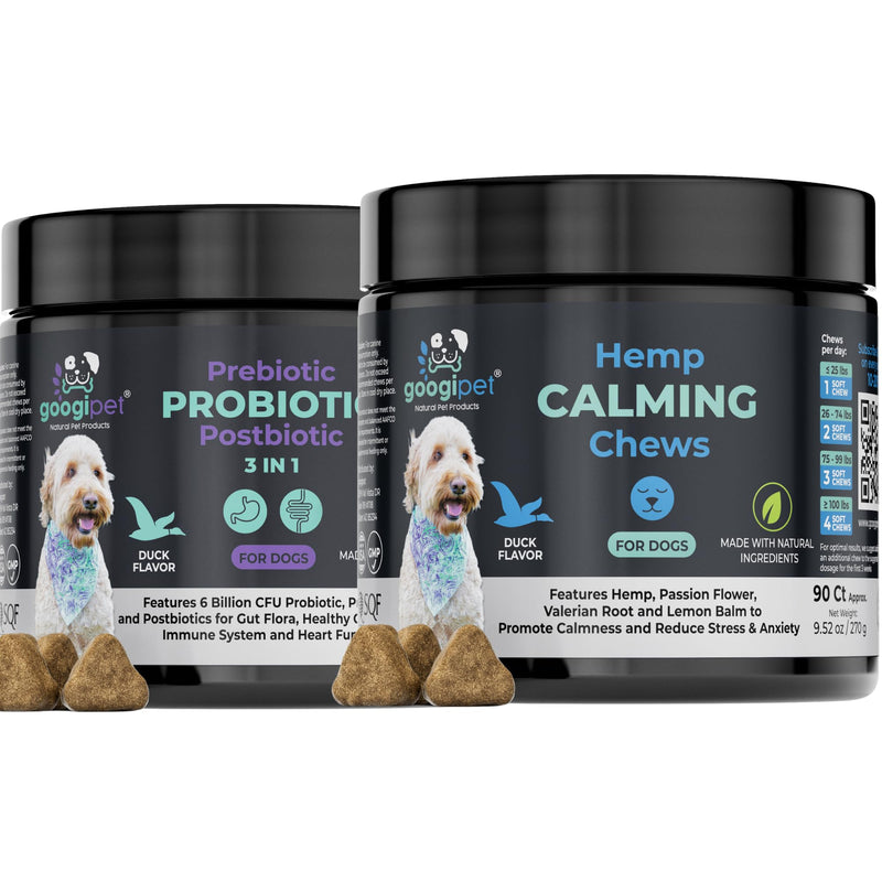 Googipet Hemp Calming Chews + 3 in 1 Probiotic Chews 2 Pack Bundle (180 Chews Total)